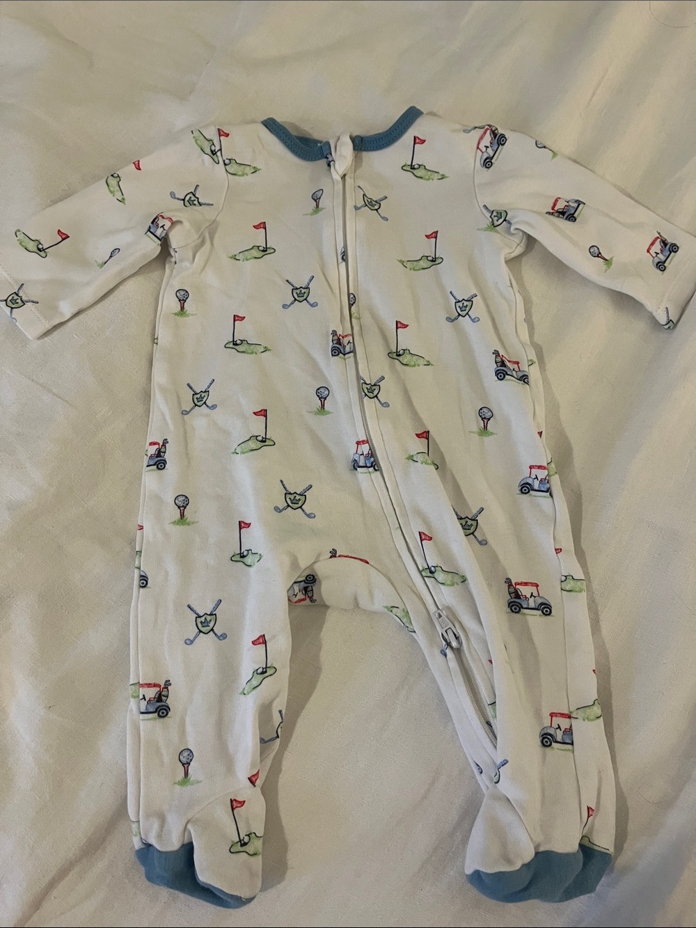 Little me White Golf-Print Baby One-Piece Sleeper with Blue Trim. EUC